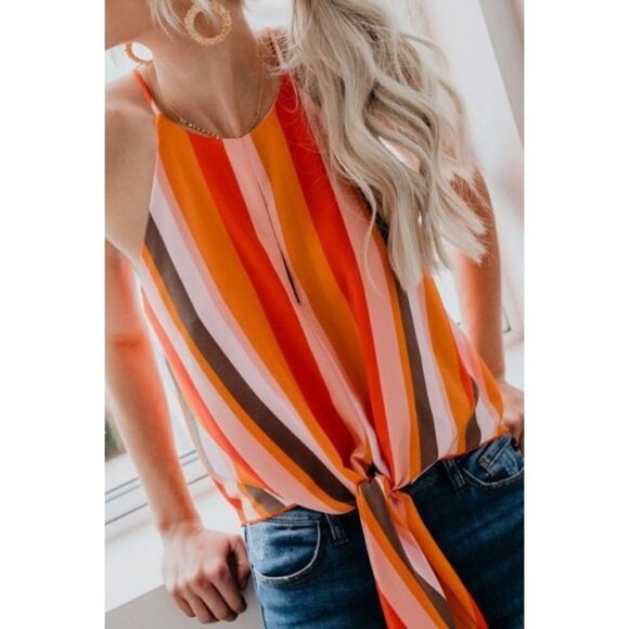 Vici Tops - Vici Orange Colorful Halter Top Striped Print Sleeveless Knotted Hem Cami Medium